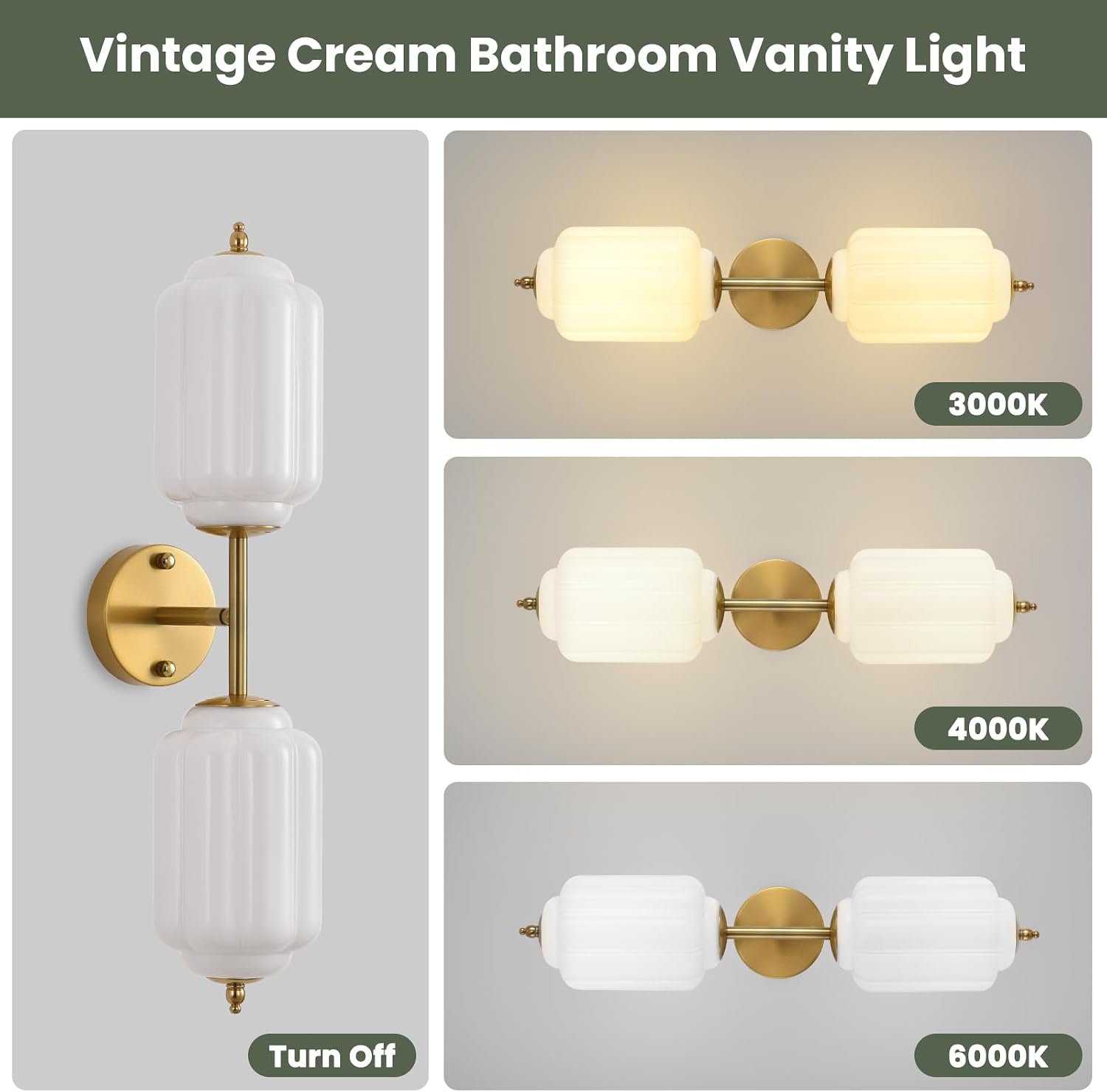 Vintage Glass Bathroom Light, Wall Sconce with Brass Finish Base Milk Glass Shade 2Light Wall Sconce Lighting for Mirror, Kitchen, Living Room, E12Base