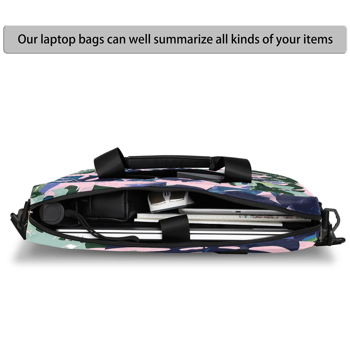 Borsa per laptop 15.6 16 Pollice Camouflage Foglie di Palma Custodia per Laptop Impermeabile Borsa Messenger a Tracolla per Donne Uomini, Nero