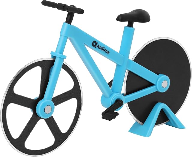 Asdirne Pizza Cutter, Bicycle Pizza Cutter Wheel with Non-Stick Stainless Steel Super Sharp Blades, Novelty Gift, 19cm, Blue