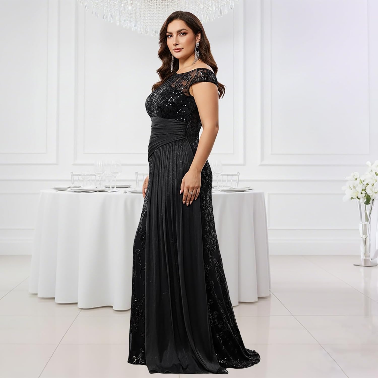 Plus Size Off-Shoulder Formal Dresses for Women, Embroidered Mermaid Dress with Lace Top & Cape Sleeves