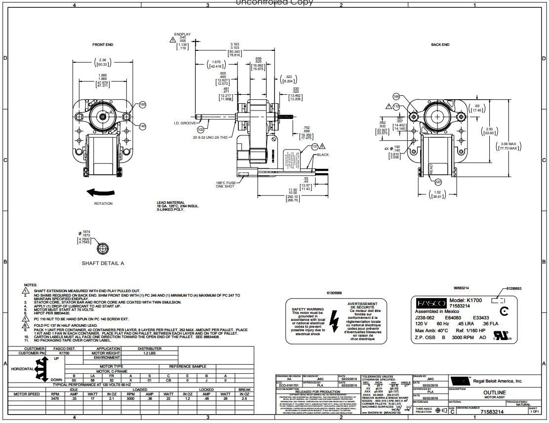 K1700 Fasco C-Frame Refrigeration Evaporation Fan Motor Kit 3000 RPM 120V