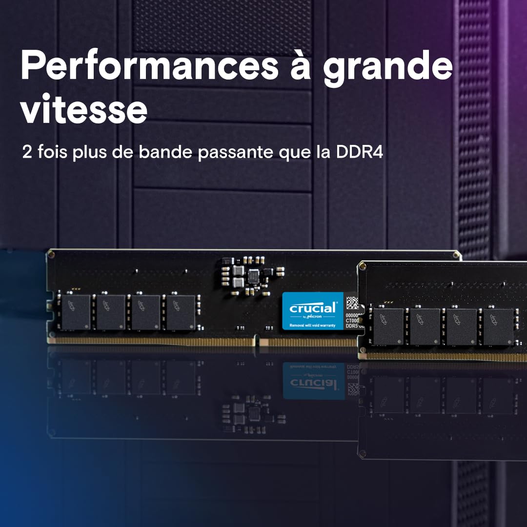 Crucial RAM DDR5 16Go 5600MHz, PC Mémoire (ou 5200MHz / 4800MHz) CL46 - CT16G56C46U5