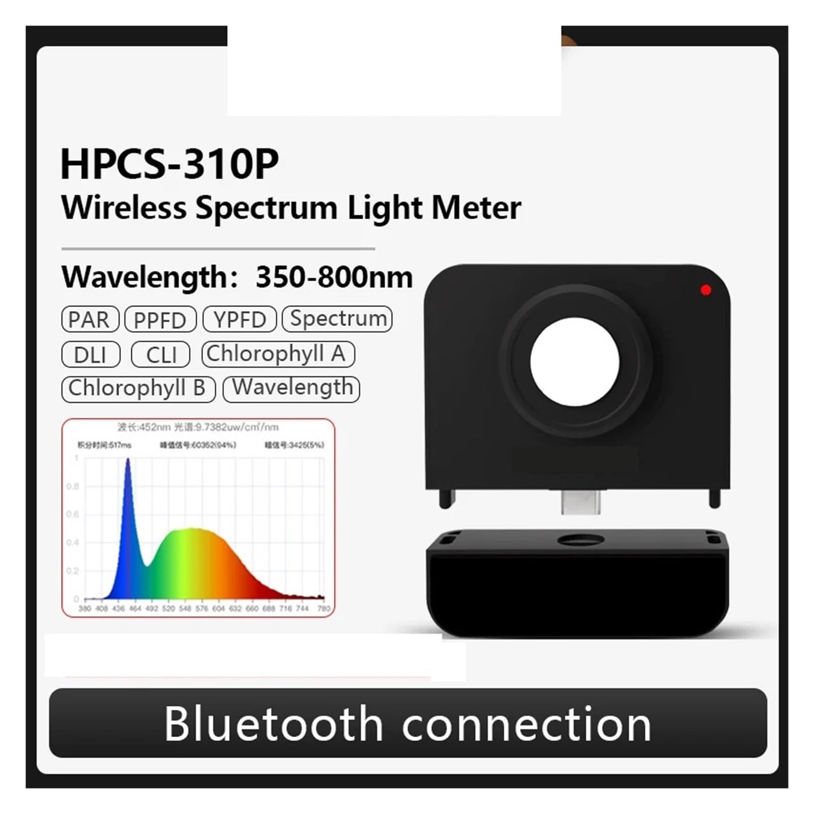 Spektrometer, 350–800 nm PPFD PAR-Lichtspektrometer-Sensor, Spektrummessgerät, unterstützt App und PC-Software