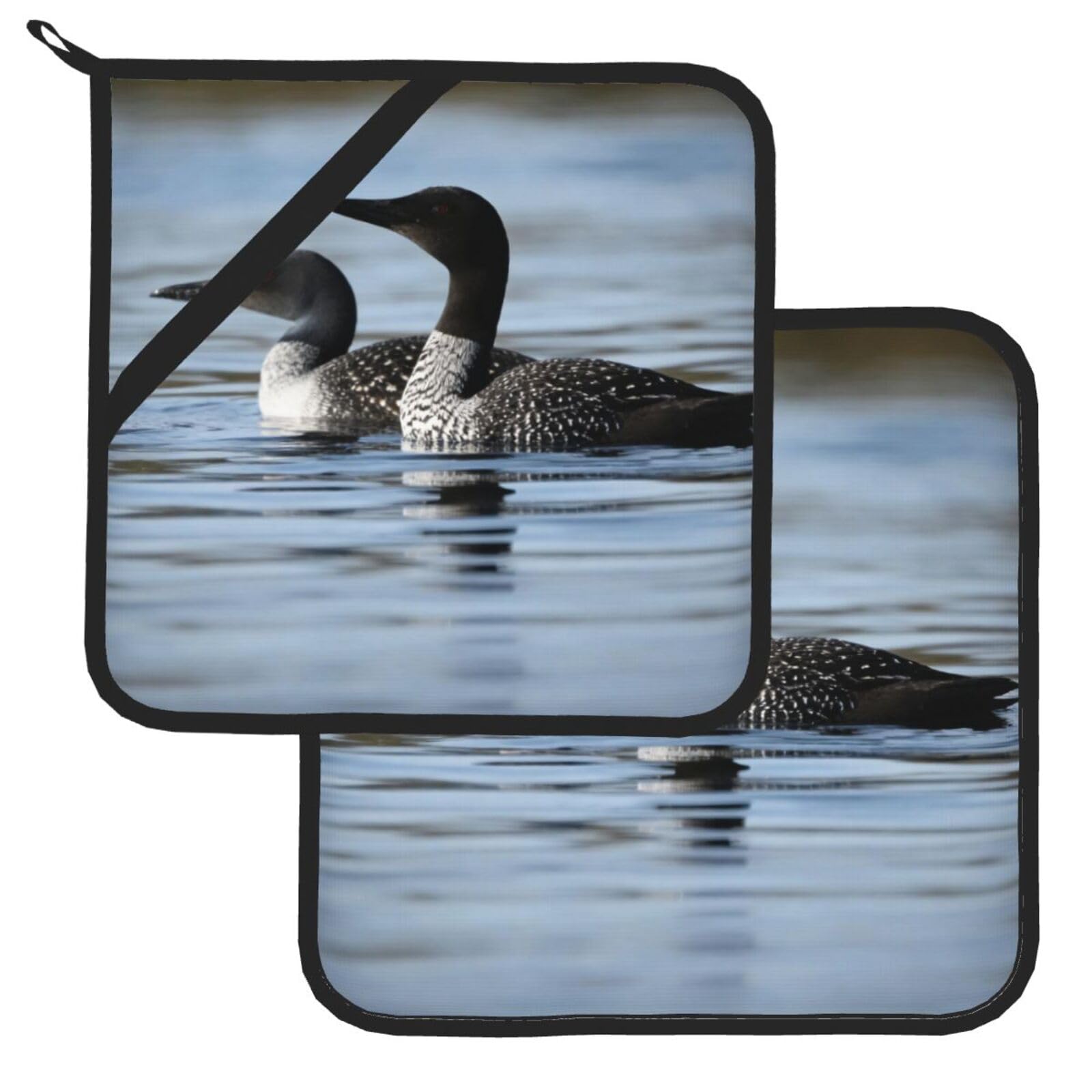Pot Holder Set of 2 Heat Resistant Kitchen Potholders Loon Birds Pot Holders Kitchen Trivets with Hanging Loops Washable Oven Hot Pads for Cooking Baking BBQ