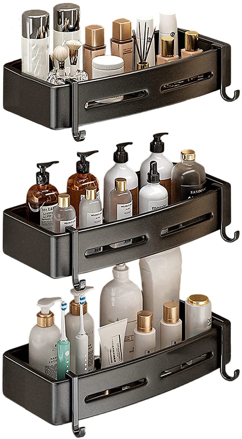 AKAZI Duschregal ohne Bohren, Badezimmerregal, selbstklebendes Duschregal mit Haken, Wandmontage, Aluminium, für Badezimmer, Balkon, schwarz B, 2-lagig (schwarz D1 3 Etagen)