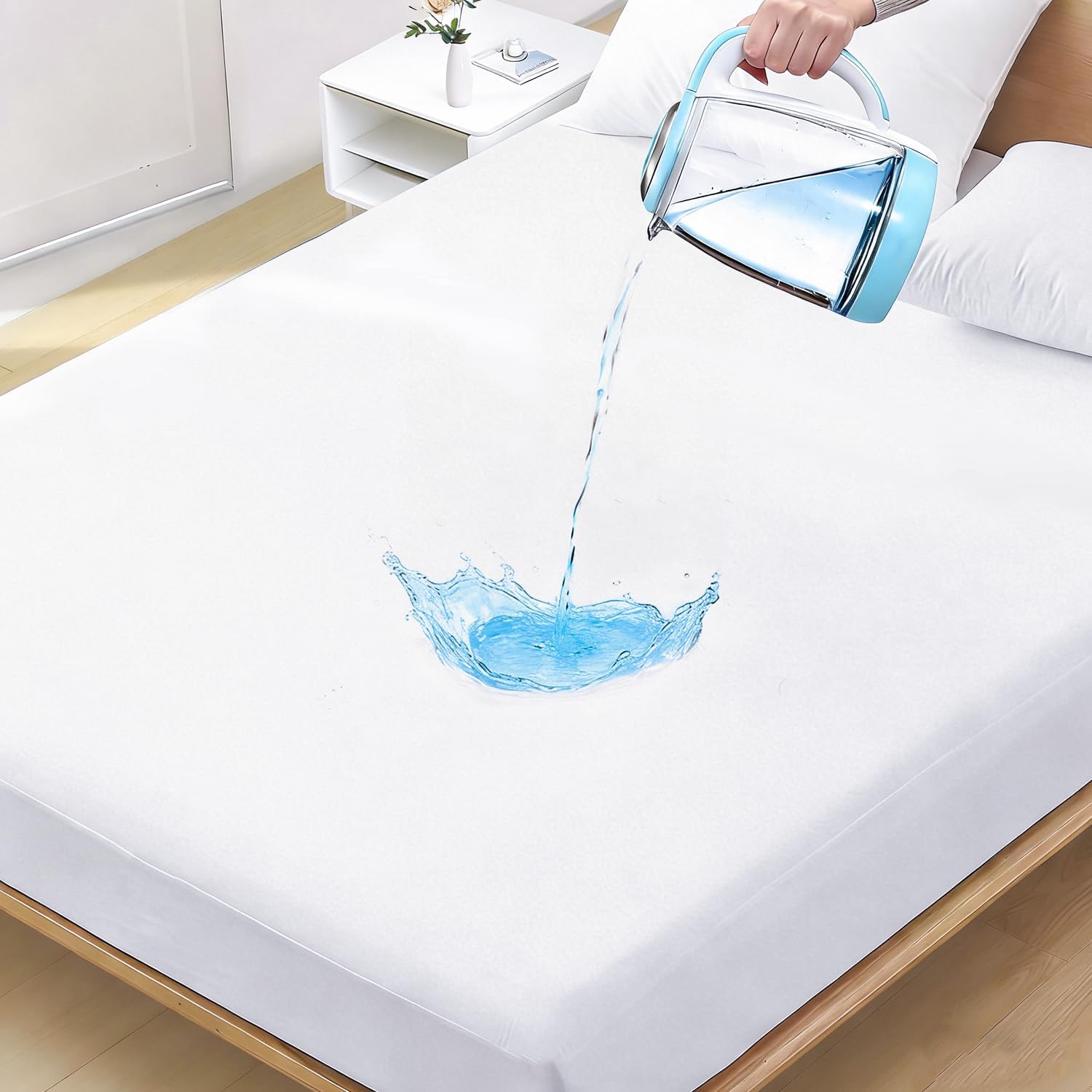 California King Mattress Protector Waterproof- Washable Mattress Cover Fitted Bed Pad Noiseless Plastic Protection Up to 18” Allergy Mattress Protector Soft&Breathable（White）