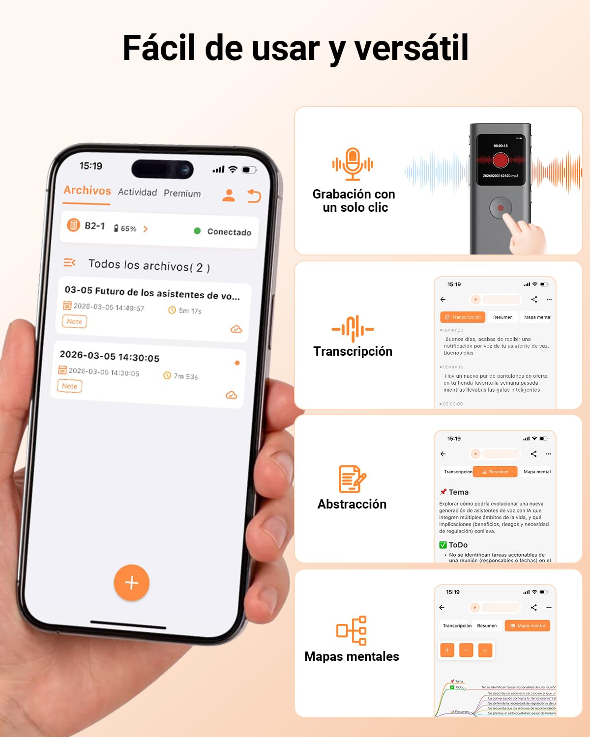 Grabadora de Voz IA con Transcribe y Resume con tecnología, 64 GB Voice Recorder Digital con Activada por Voz, Control de App, Reducción de Ruido Automática para Entrevista/Clase/Reunión