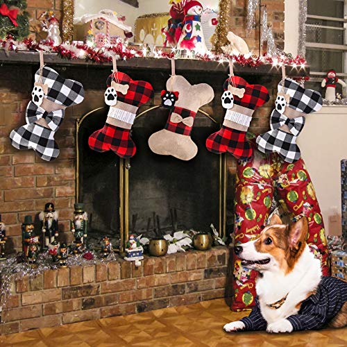 Yostyle Pet Dog Christmas Stockings Set of 3,Buffalo Plaid 18\" Large Bone Shape Pets Stockings for Dogs Christmas Holiday Decorations - Thumbnail 6