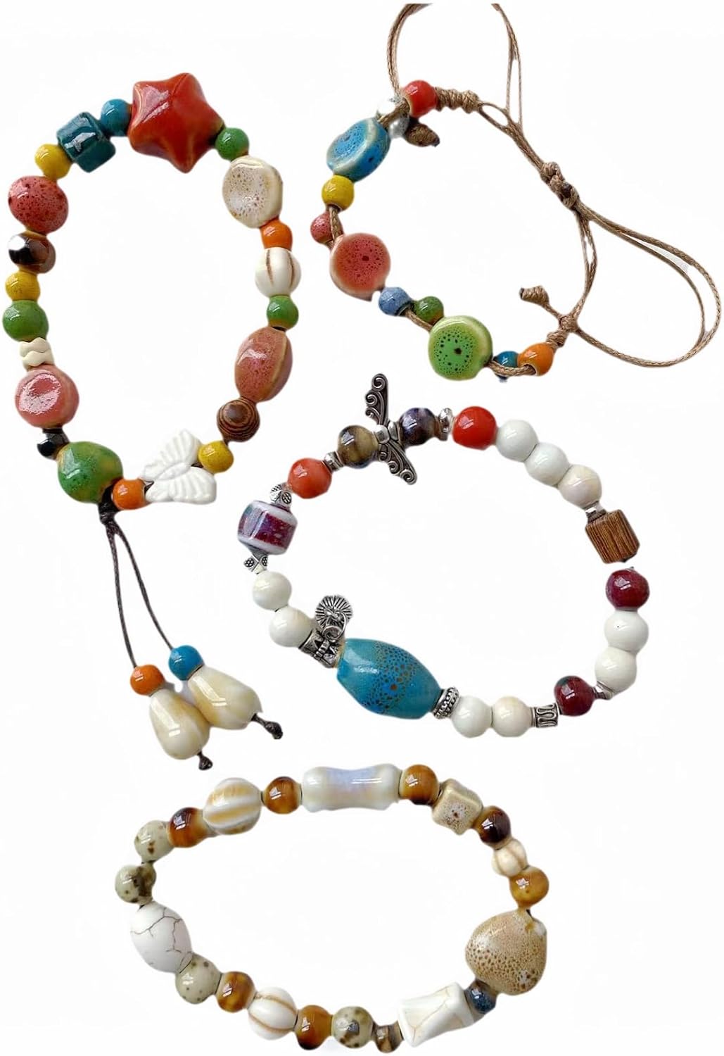 Handmade Bracelets 4 Pack Colorful Ceramics Friendship Clay Pottery Jewelry Set for Teen Girls, Women Gifts Share with Friends - Butterfly