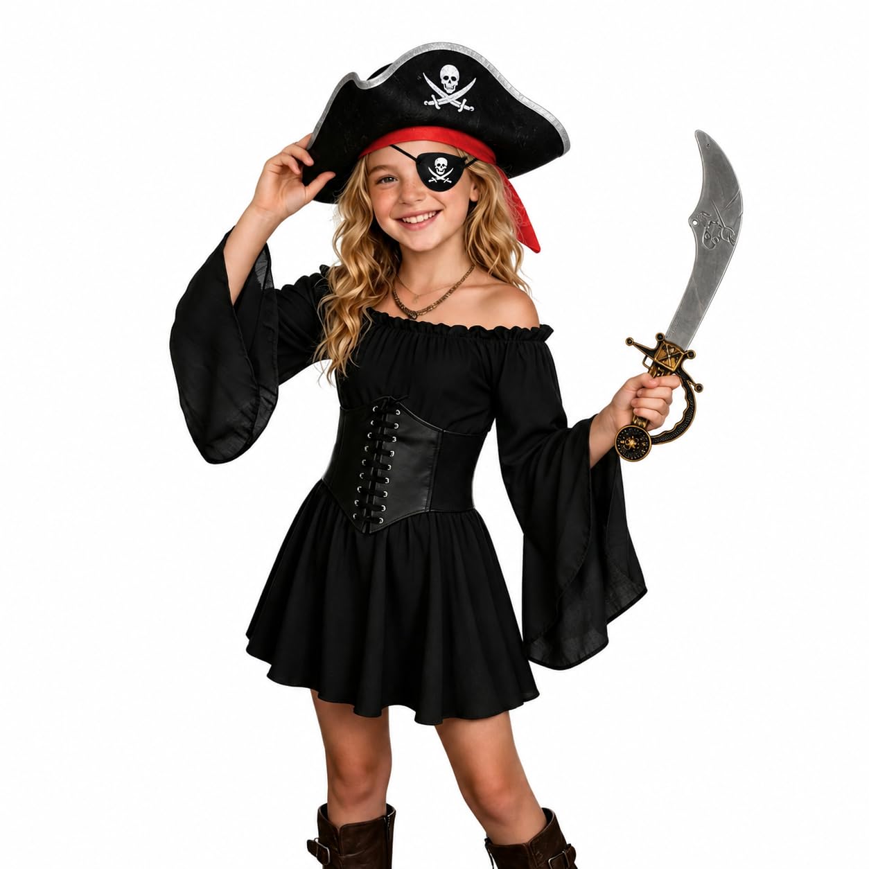 Kids Pirate Costume for Girls, White Off Shoulder Dress with Black Corset, Pirate Hat Eye Patch Set 5pcs, Halloween Carnival Cosplay Outfit