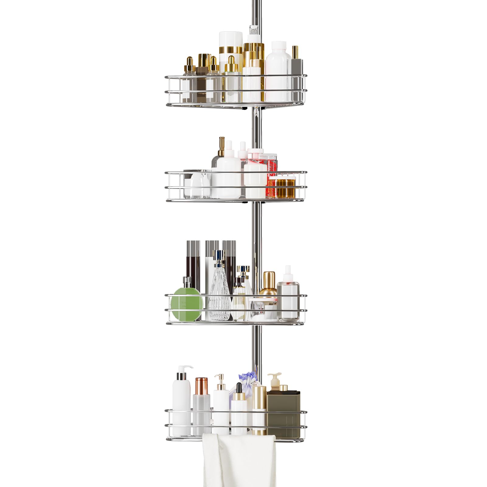 GarveeHome Tension Pole Shower Caddy Corner Shower Caddies with 4 Basket Shelves and Built-In Towel Bars Rustproof Bathroom