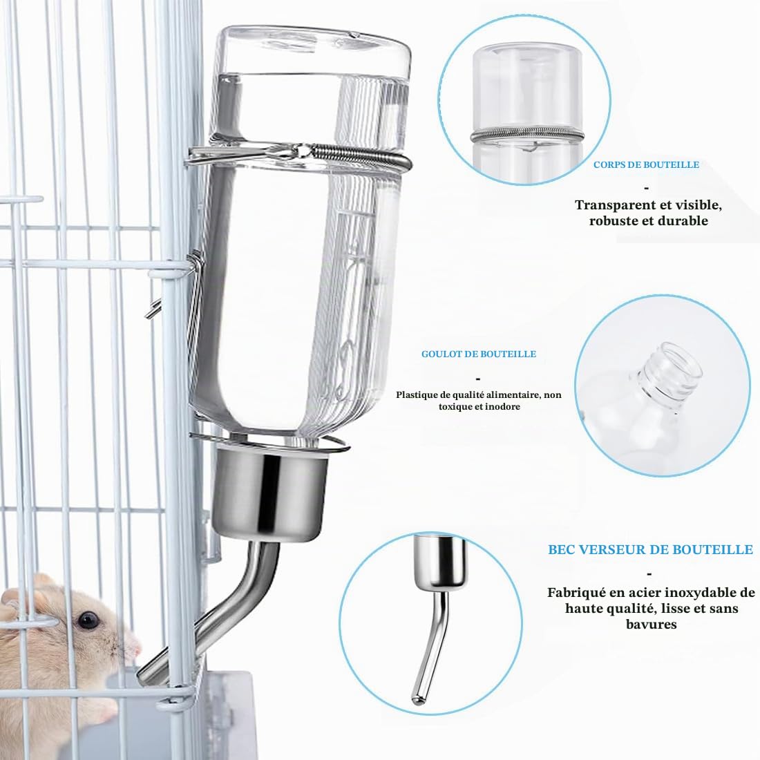 Biberon Lapin, 2 Pièces Suspendus Lapin Deau Distributeur, Rongeur Distributeur Eau, Abreuvoir pour Les Rongeurs, pour Abreuvoir Rongeur, Chatons, Chiens, Hamsters, 350 ML + 180 ML