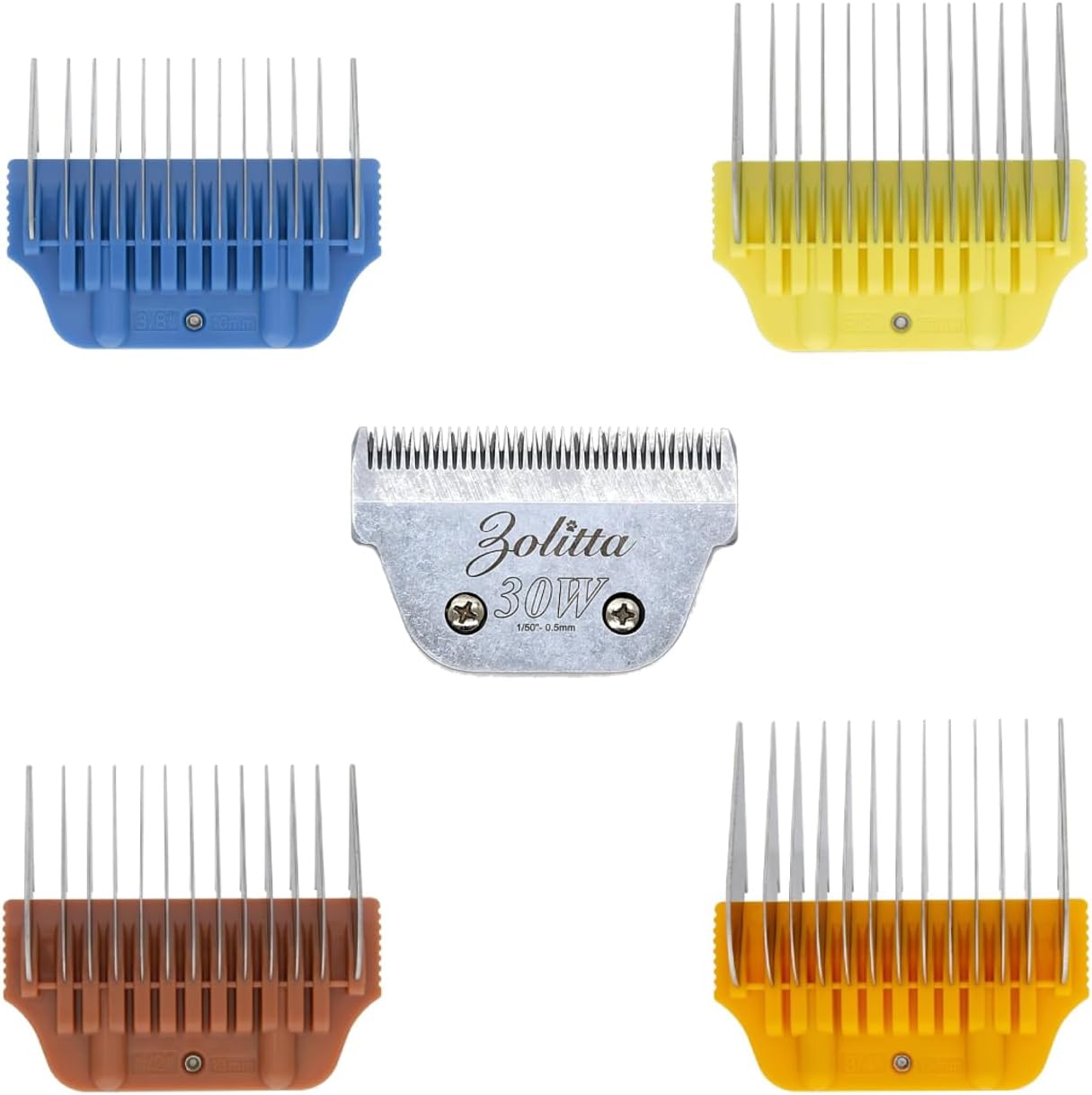 4 Wide Attachment Comb + 30W Elite Blade Set | 30W Elite Wide Blade | #2 10mm 3/8" | #1 13mm 1/2″ | #0 16mm 5/8" | #A 19mm 3/4″ | Easy Snap-On Design