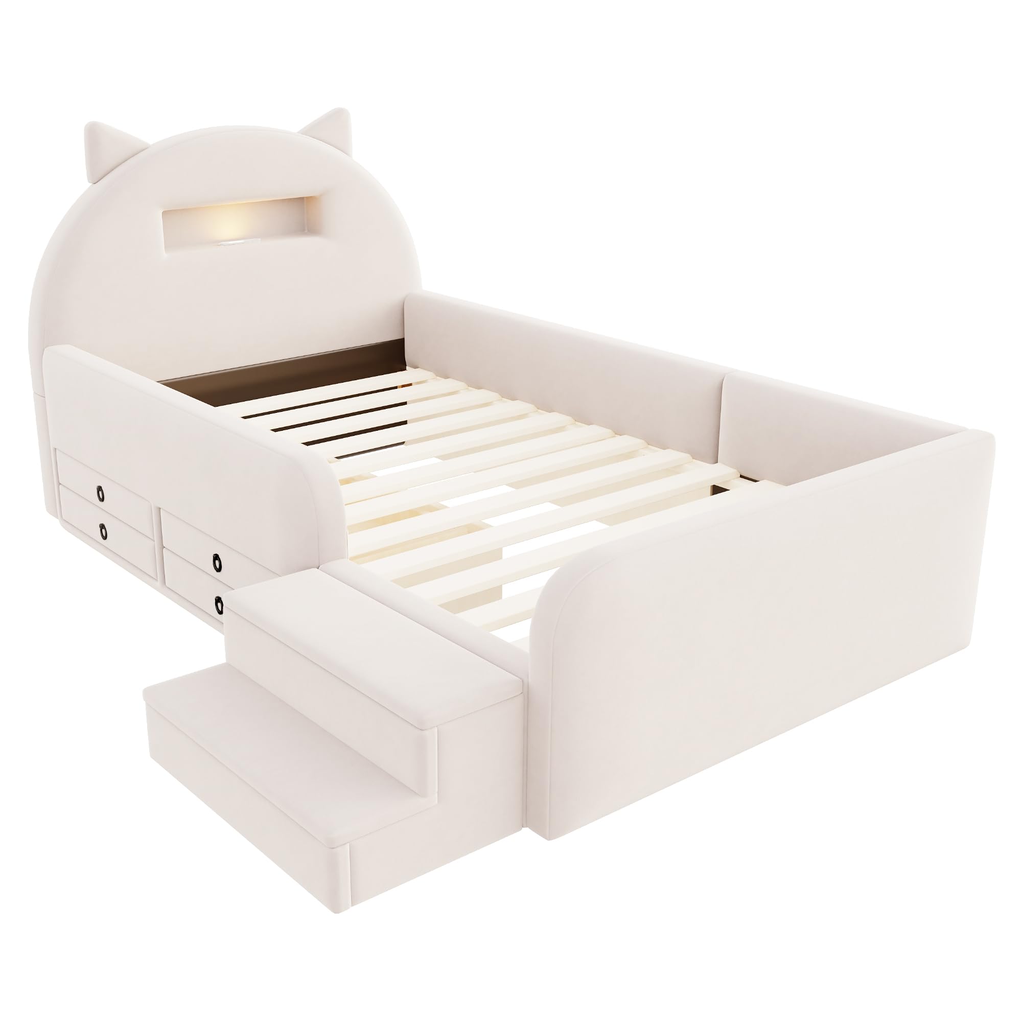 Merax Polsterbett Kinderbett 90x200 cm mit Ohren-Kopfteil, Nachtlicht, USB, Stufensitz & Schubladen – Beige (Ohne Matratze)