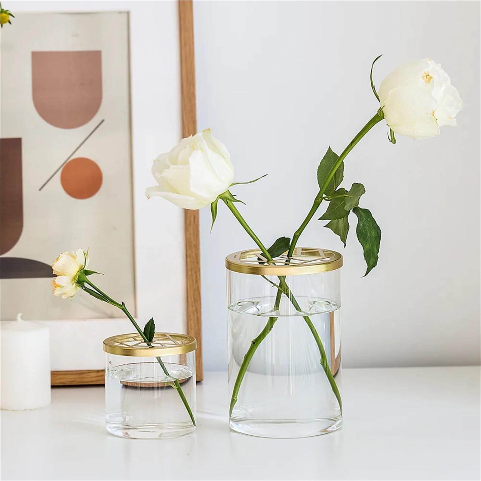 Vase Hydroponique Verre Couverture de Grille en Verre Transparent Simple, Vase Fleurs, décoration Salon, Fixation Plantes hydroponiques(12 * 15 Vase+Round Hole Cover)