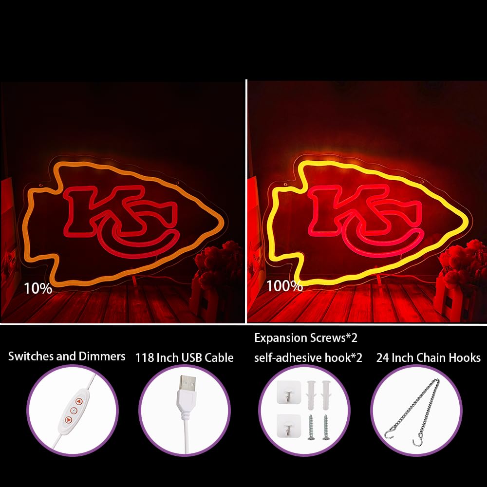 Neonschild mit Fußball-Rugby-Sport-Team, geeignet für Chiefs, KC-Logo, Neonschild für Wanddekoration, USB-betrieben, dimmbar, LED-Schilder für Schlafzimmer, Herren, Höhle, Zuhause, Bar, Dekoration