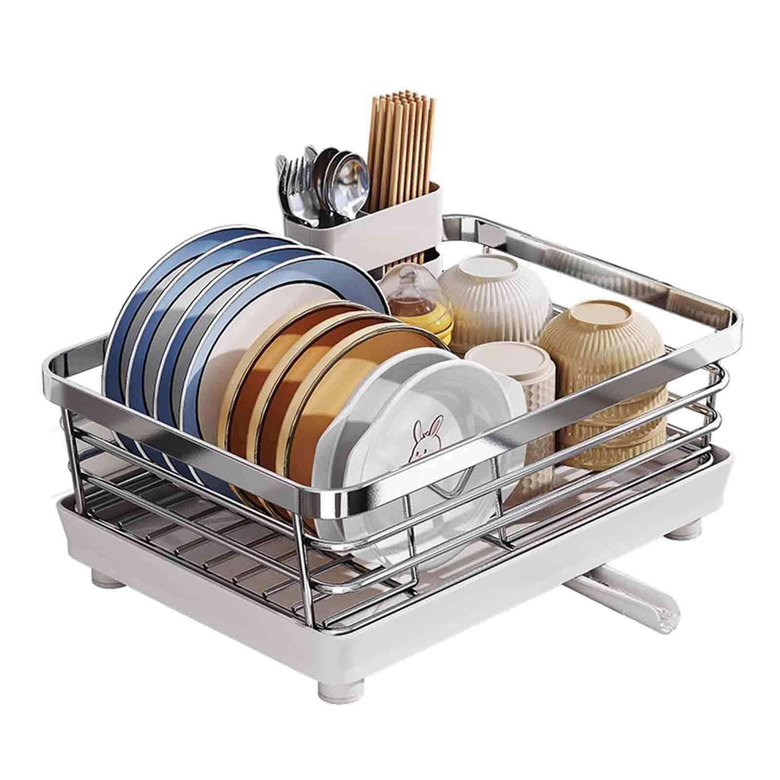 Escurridor de platos de acero inoxidable con bandeja de drenaje para fregadero de cactos, soporte automático para cubiertos de drenaje que ahorra espacio, accesorio de cocina para un fácil secado