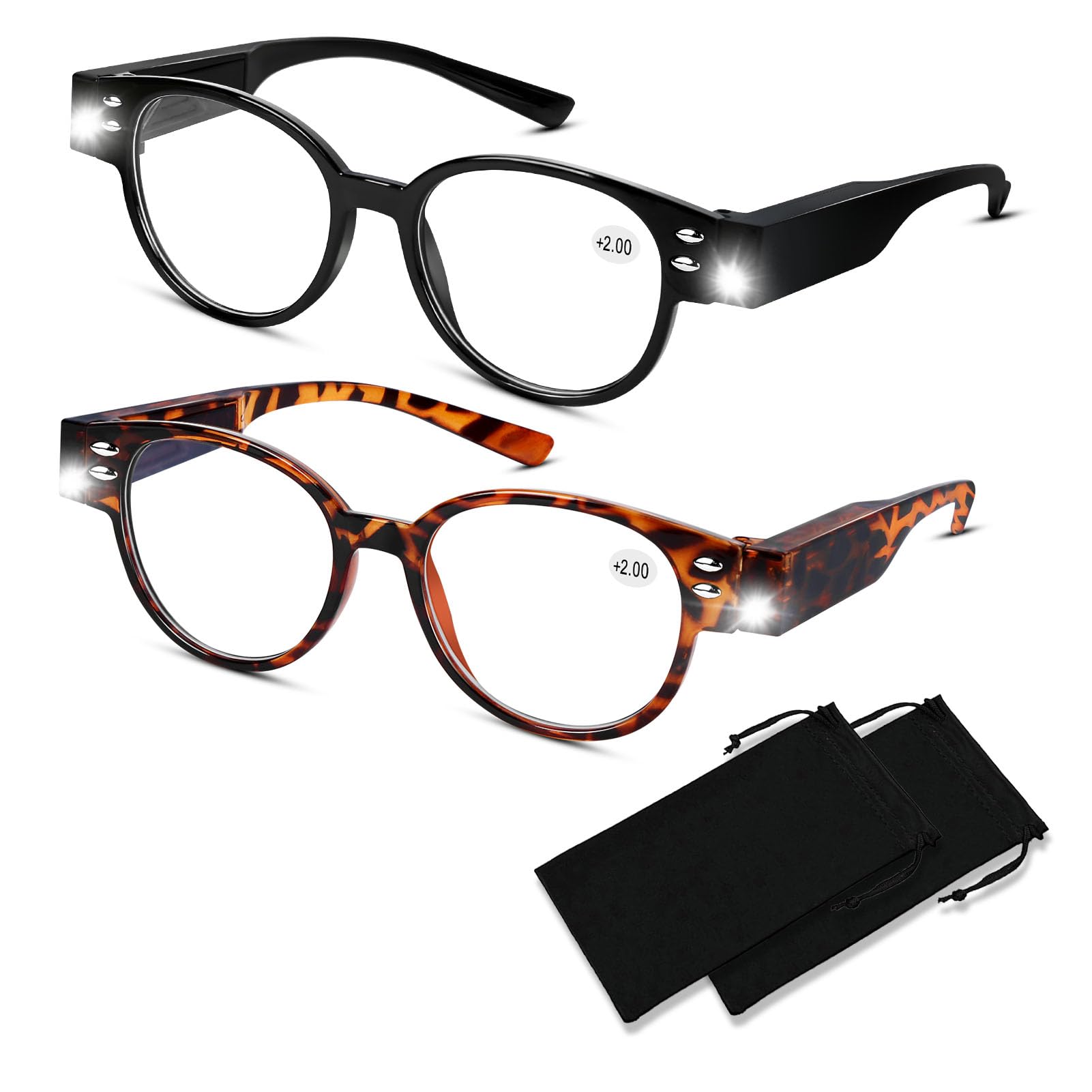 DuanMei Bright LED Readers with Light Magnifying Glasses Blue Light Blocking Eyeglasses for Women Men Nighttime LED Reading Glasses+200