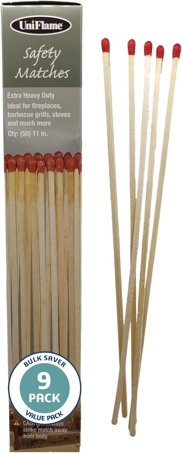 11-Inch Extra Long Wooden Safety Matches (9 Pack) - Ideal for Lighting Fireplace, Candles, Grills & Camping Firepits - Strike on Box - Heavy Duty Long Matches for Fireplace - 450 Count