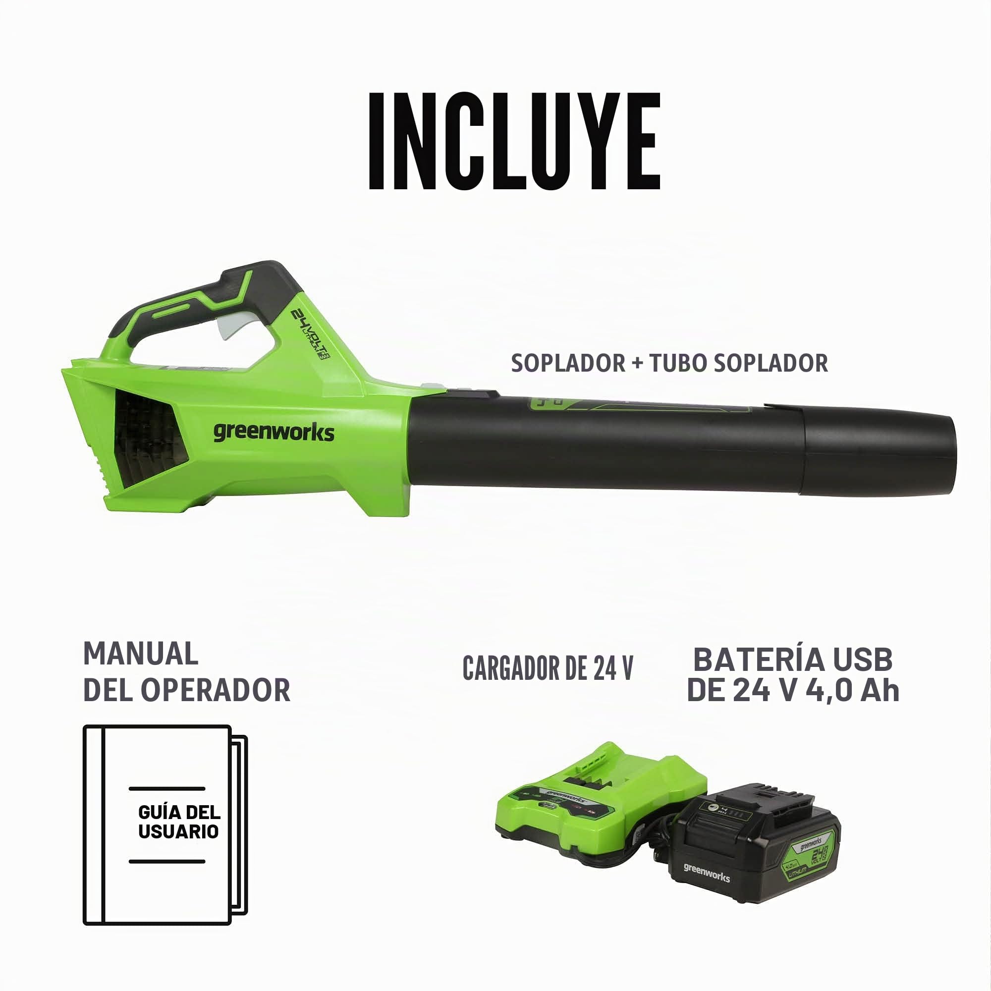 Greenworks Soplador 24V con Batería 4Ah y Cargador USB-C 65W, Brushless, 177 km/h, 12,18 m³/min, Cruise, Turbo BL24L411-01