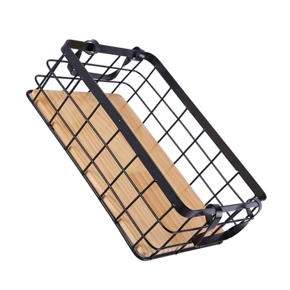 Cesta Madera Rectangular Almacenamiento de Organizadora de Hierro y Negro | Diseño Simple, para Guardar Snacks y Frutas, Formato Asas, Uso Doméstico