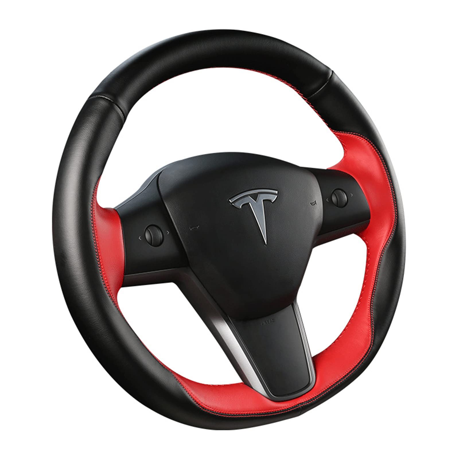TIMWIND Custom Fit Tesla Steering Wheel Cover Microfiber Leather Hand-Stitched Wheel Cover for Tesla Model 3/Model Y (Black-RED)