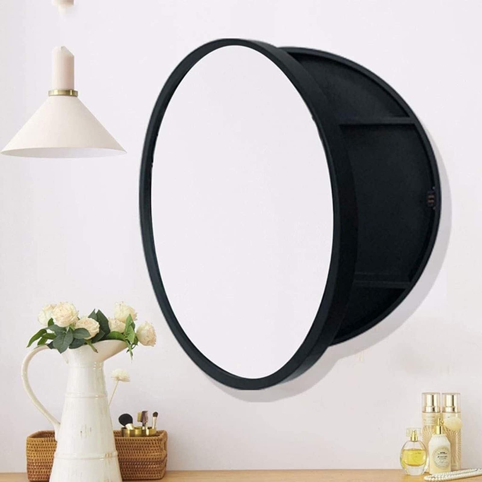 Espejos de baño de Madera Maciza - Espejo de tocador Grande corredizo montado en la Pared con función de Almacenamiento for Muebles - Espejo de Pared Redondo(Black,60cm)