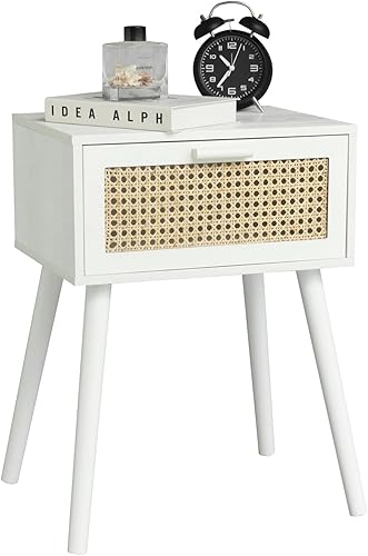 Miniatura 7 de AWASEN Mesita de noche de ratán blanco, moderna mesita de noche con cajón de ratán, mesa auxiliar con almacenamiento y patas de madera maciza para