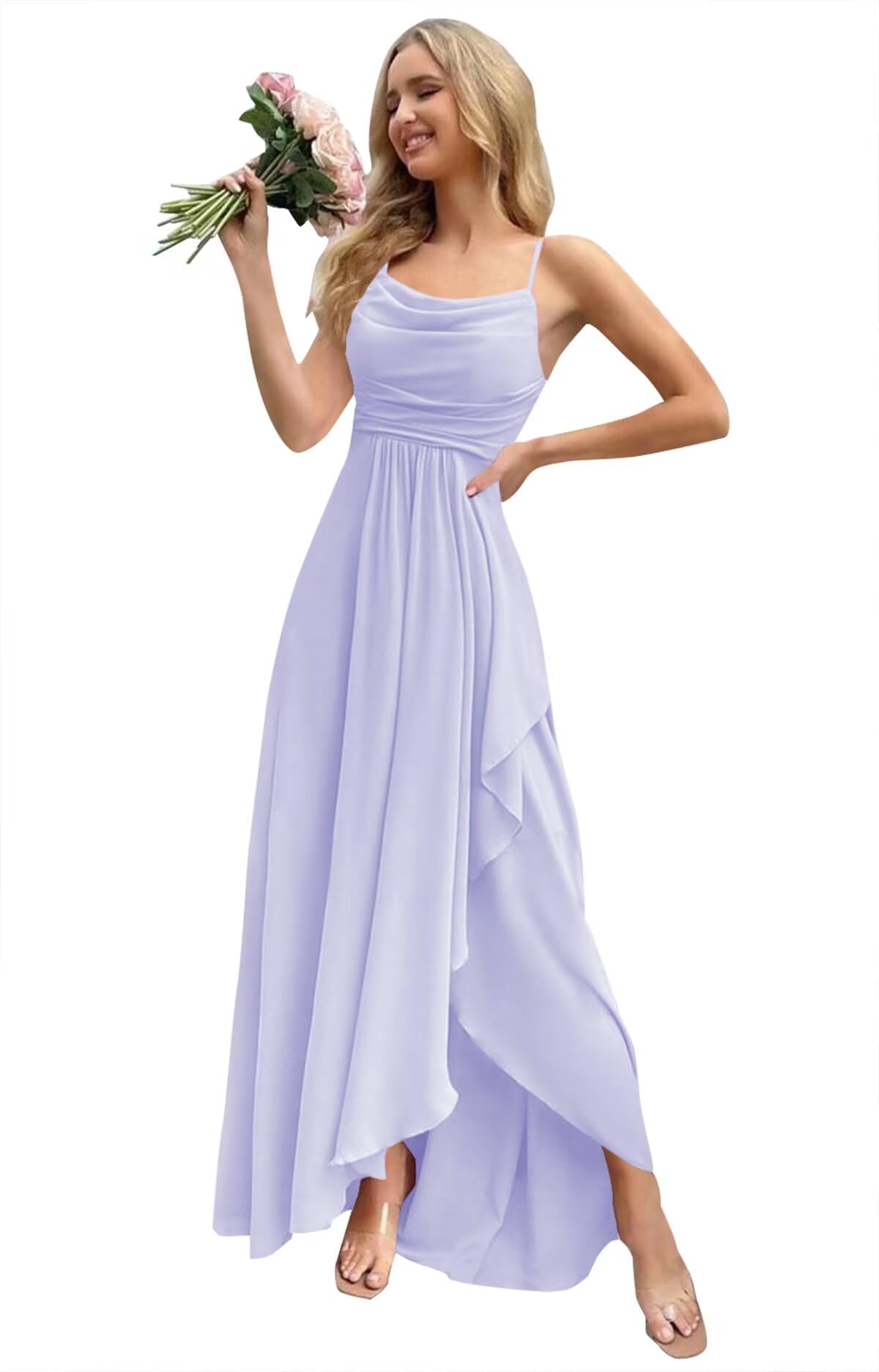 Monvelli Asymmetrical Cowl Neck Bridesmaid Dresses Long Ruffle Chiffon Empire Waist Formal Party Gowns with Pockets