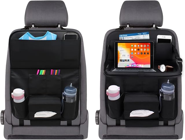 NUKied Car Backseat Organizer with Foldable Table Tray PU Leather Car Organisers Seat Back Protectors for Babies Toys Storage with Foldable Dining Table Holder Pocket for Baby and Kids (2 packs)
