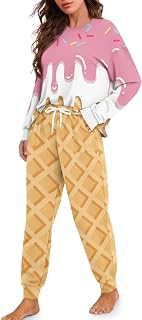 Women's Long Sleeve Pajama Set with Drawstring Elastic Waist and Pockets Pullover 2 Piece Pjs Plus Size Nightwear