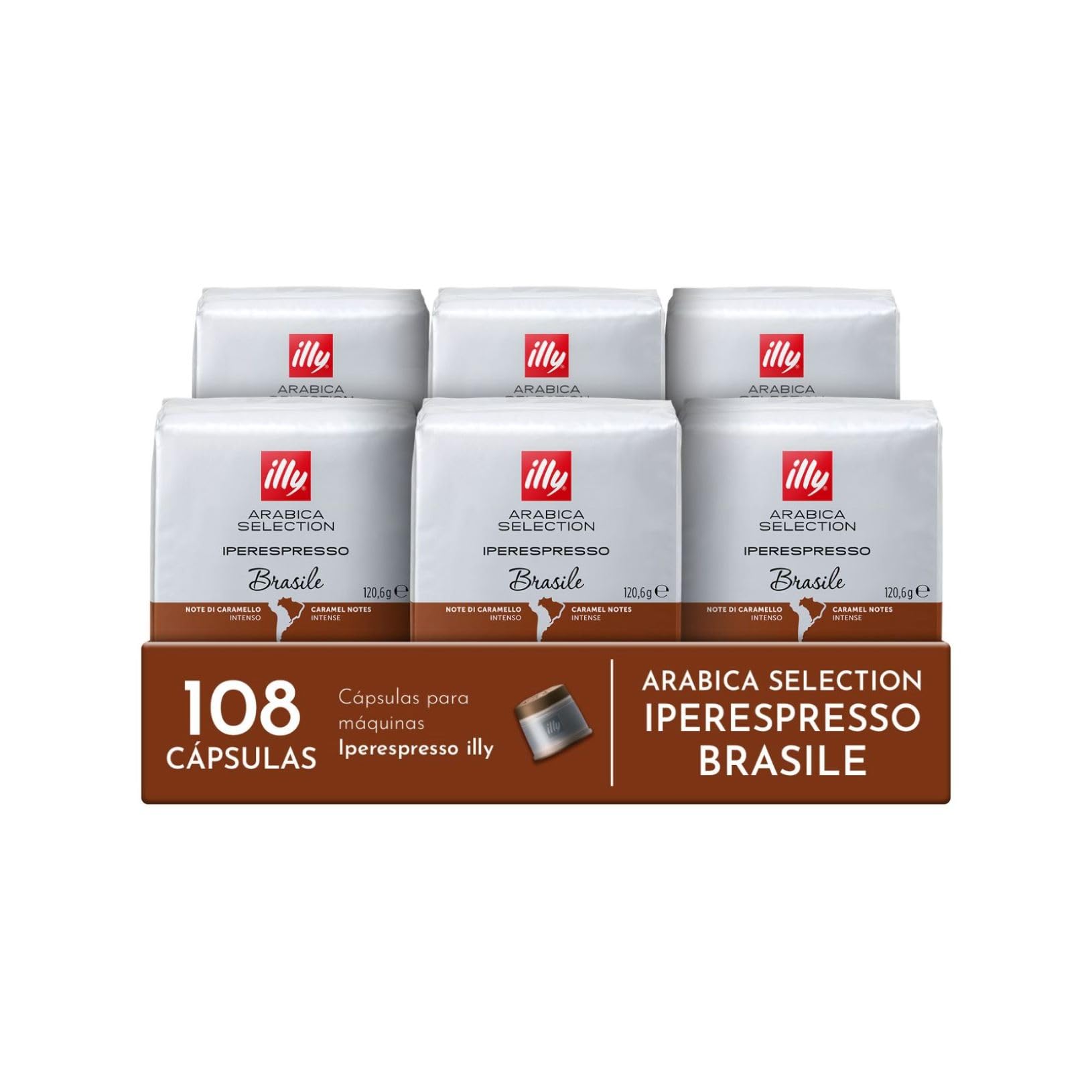 illy, Cápsulas Iperespresso Arabica Selection Brasil, 108 Cápsulas Totales | 100% Arábica con Notas de Caramelo y Frutos Secos, Sabor Intenso, 6 Paquetes de 18