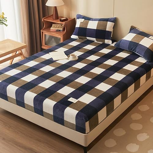 Miniatura 3 de Mengersi Juego de sábanas de felpa de terciopelo, juego de sábanas simples con estampado de vellón a cuadros, acogedoras y cálidas (Queen, azul)