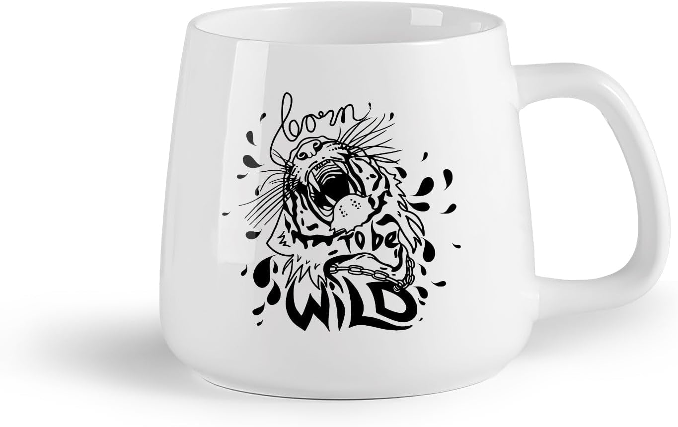 Ceramic Fruit Cup Tea Cup Quote Born to Be Wild Tiger African Animal （14oz/400ml） for Coffee, Soup, Tea, Milk, Latte, hot Cocoa, Ladies, Men