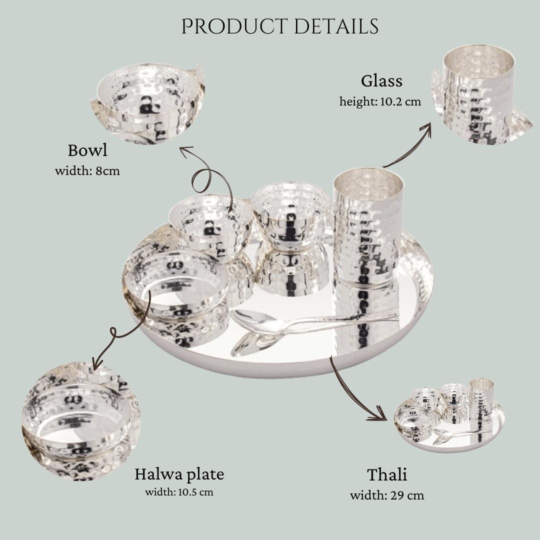 Silverglow Hammered Stainless Steel Dinner Set for 4 People, Silver Plated dinnerware Set of 24 pcs, Diwali Wedding Return Gift, Pure-Silver Plate Set Original — Amazon image 5