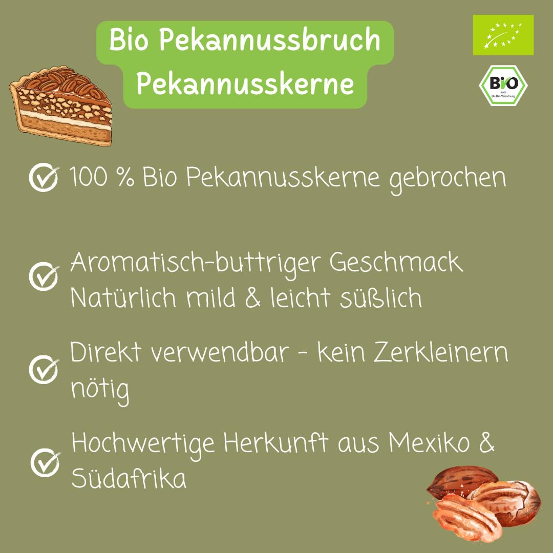 süssundclever.de® Bio Pekannusskerne | 1,0 kg | Pekannussbruch | Pekannussstücke | Pekannus | ökologisch-nachhaltig abgepackt