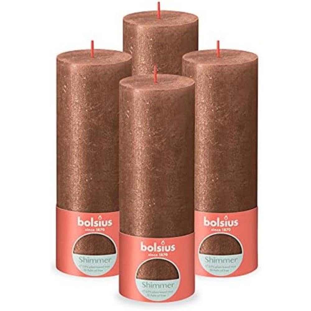 Bolsius Candela rustica a pilastro, rame brillante, confezione da 4, lunga durata di 85 ore, candela per la casa, decorazione d'interni, non profumata, include cera vegana naturale, senza olio di