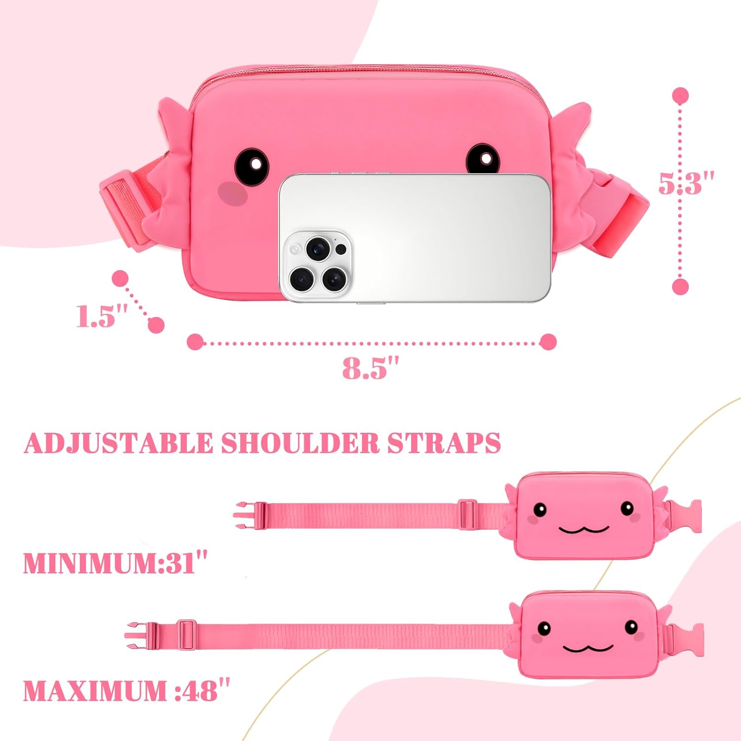 Fanny Pack Crossbody for Girls, Cartoon Axolotl Waistpack with Adjustable Strap for Birthday Christmas Personalized Gifts for Teen Girls, Fanny Pack Crossbody Bag Belt Bag Cute Trendy Stuff (Pink) - Image 4