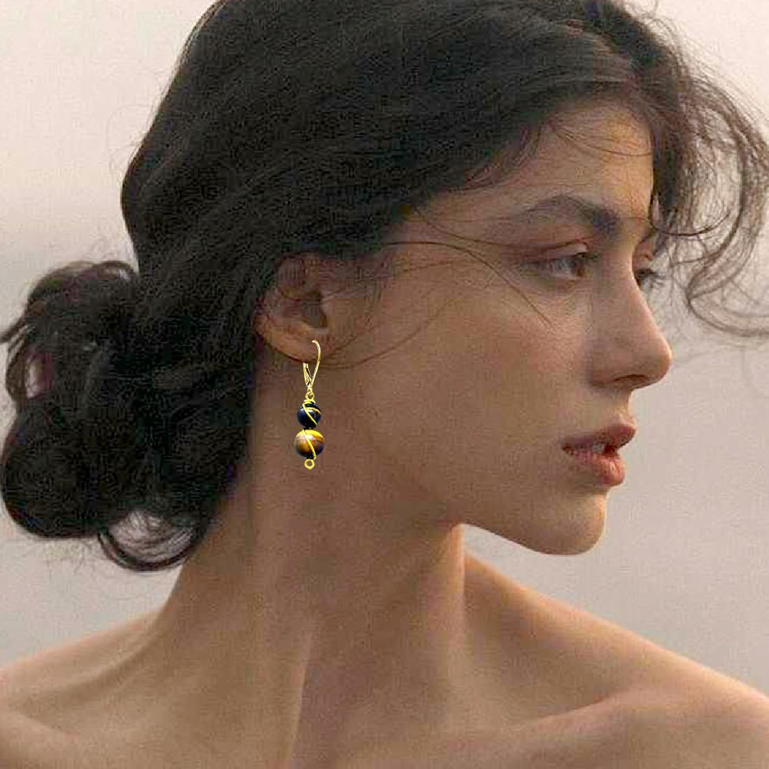 Natural Two Stone Beads Dangle Earrings,14K Yellow Gold Real Quartz Crystal Gemstone Drop Earrings Beading Jewelry for Women - Image 5