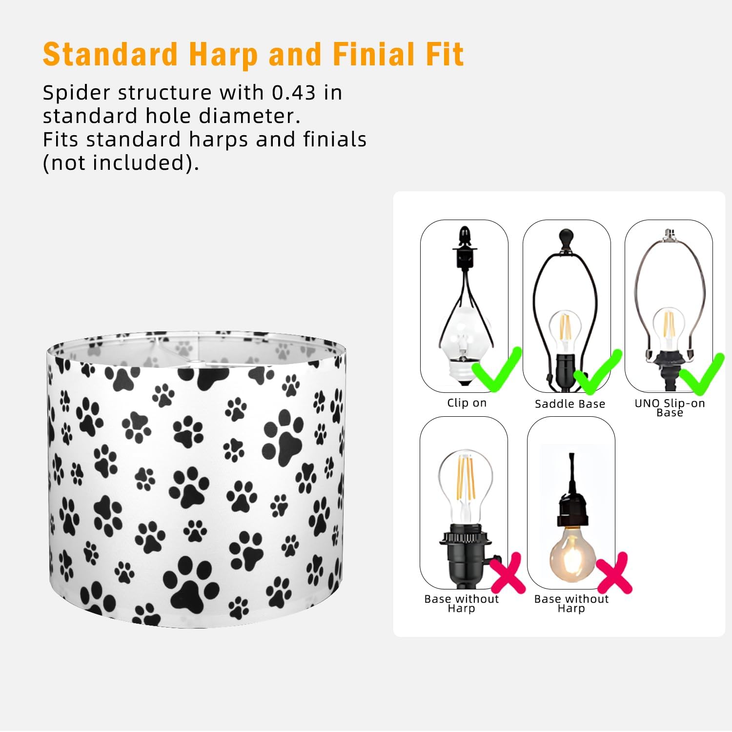 Medium Drum Lamp Shade 13x13x10 Inch (2 Pack) White Fabric with Black Dog Paw Prints, Spider Fitter Rustproof Iron Frame lampshade for Table & Floor Lamps, Easy Install Cute Farmhouse Modern Decor​