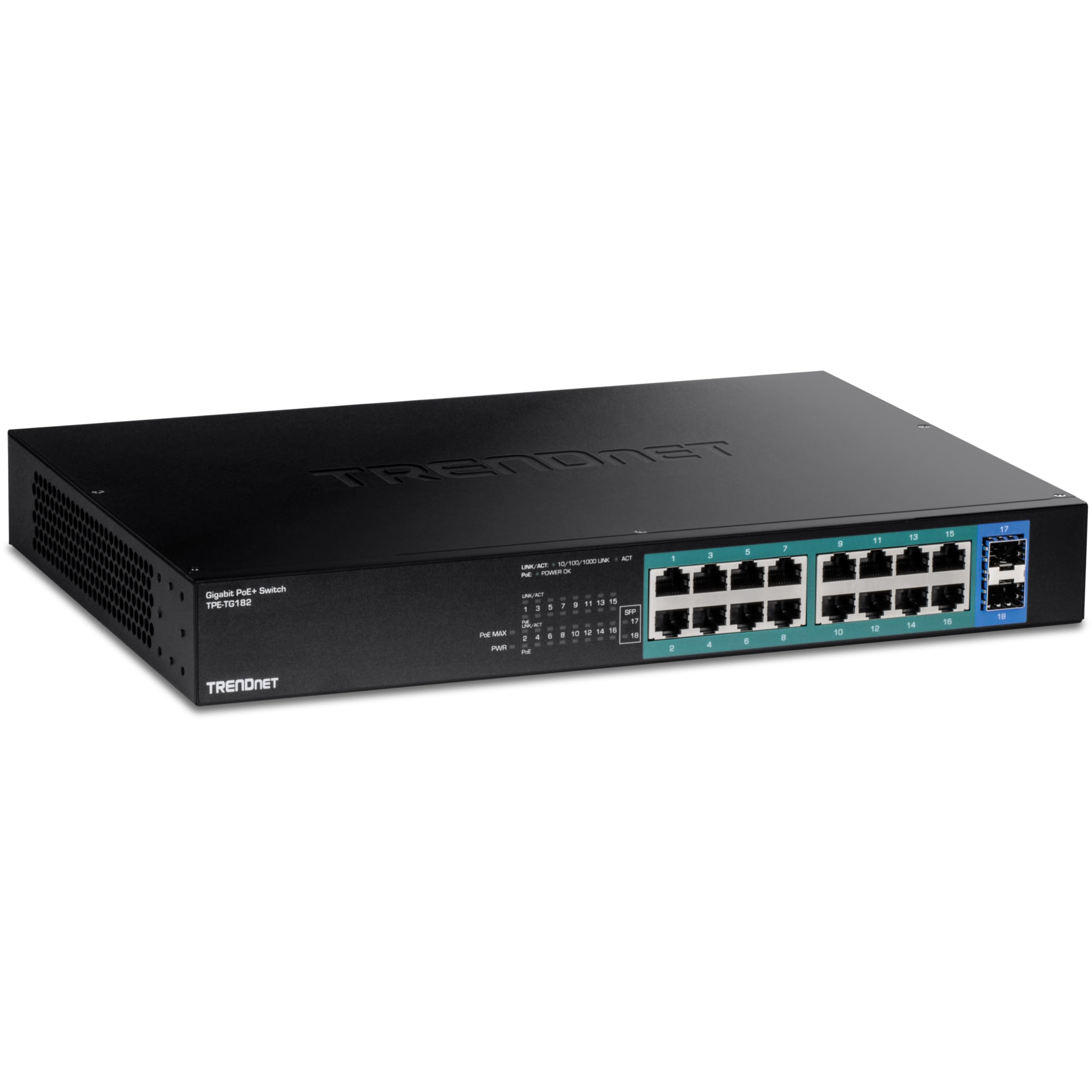 TRENDnet, TPE-TG182, Commutateur PoE+ Gigabit 18 Ports, 16 Ports PoE+ 30 W, 2 emplacements SFP Gigabit, Budget PoE 240 W, capacité de Commutation 36 Gbit/s, montable en Rack 1U 19", Noir