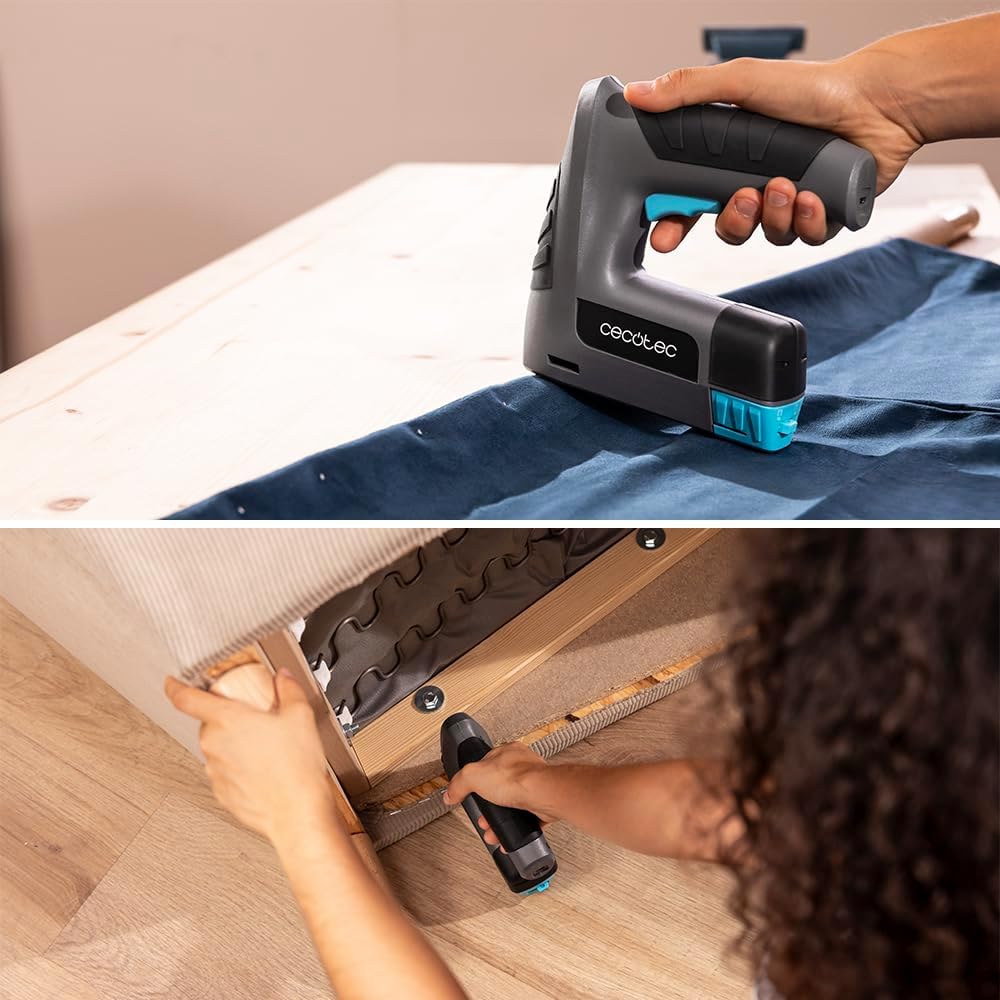Person using Cecotec FastTacker 4000 to staple fabric and using the staple remover