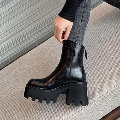 Ankle Platform Boots Fashion Women Winter Leather Platform High Heels Autumn And Winter Waterproof Platform Shoes-black No velvet,37 Cover