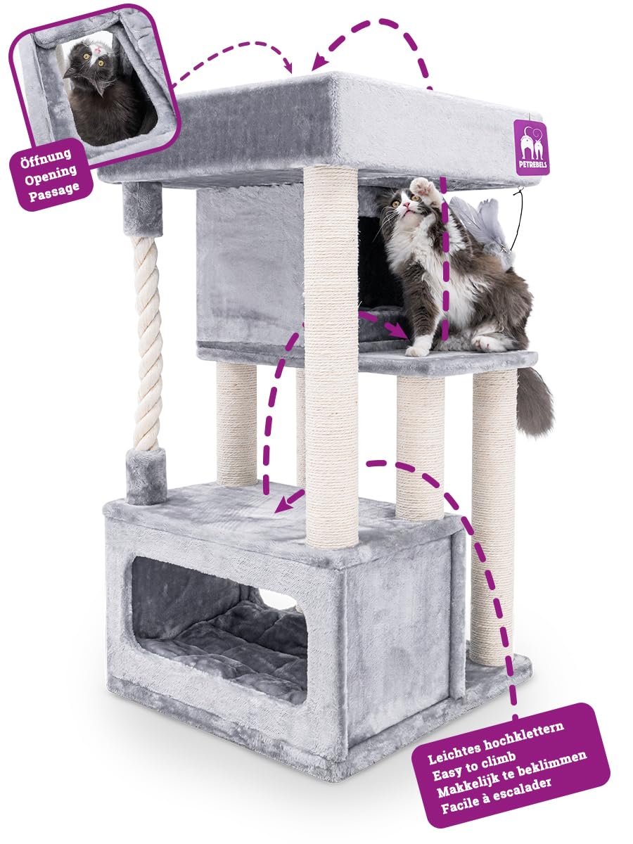 Petrebels Kratzbaum 107 cm, extrem Stabiler Katzenkratzbaum für Senioren Katzen, Kitten & Mehrkatzenhaushalte, Lodge 107, mit 2 Katzenhöhlen, XXL Liegekorb, Sisal-Stämmen & Spielseil, Grau