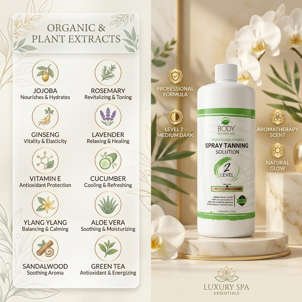 Professional 10% DHA Spray Tan Solution 33.8oz – Organic Essential Oils & Aromatherapy – Long Lasting, Small Batch, Medium Skin Sunless Tanning Formula