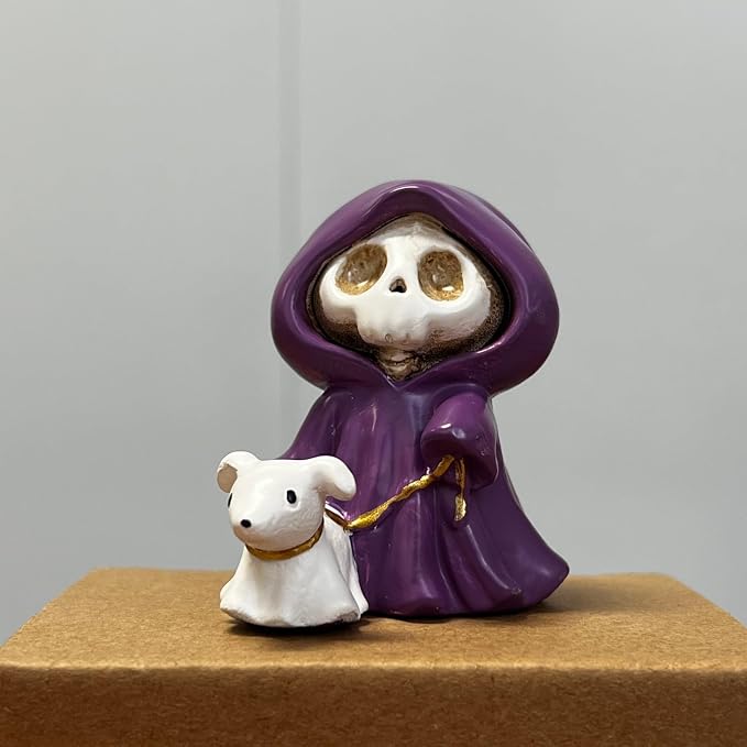 Adorable Skull Grim Reaper Statue with Ghost Dog Figurine, Halloween Decor