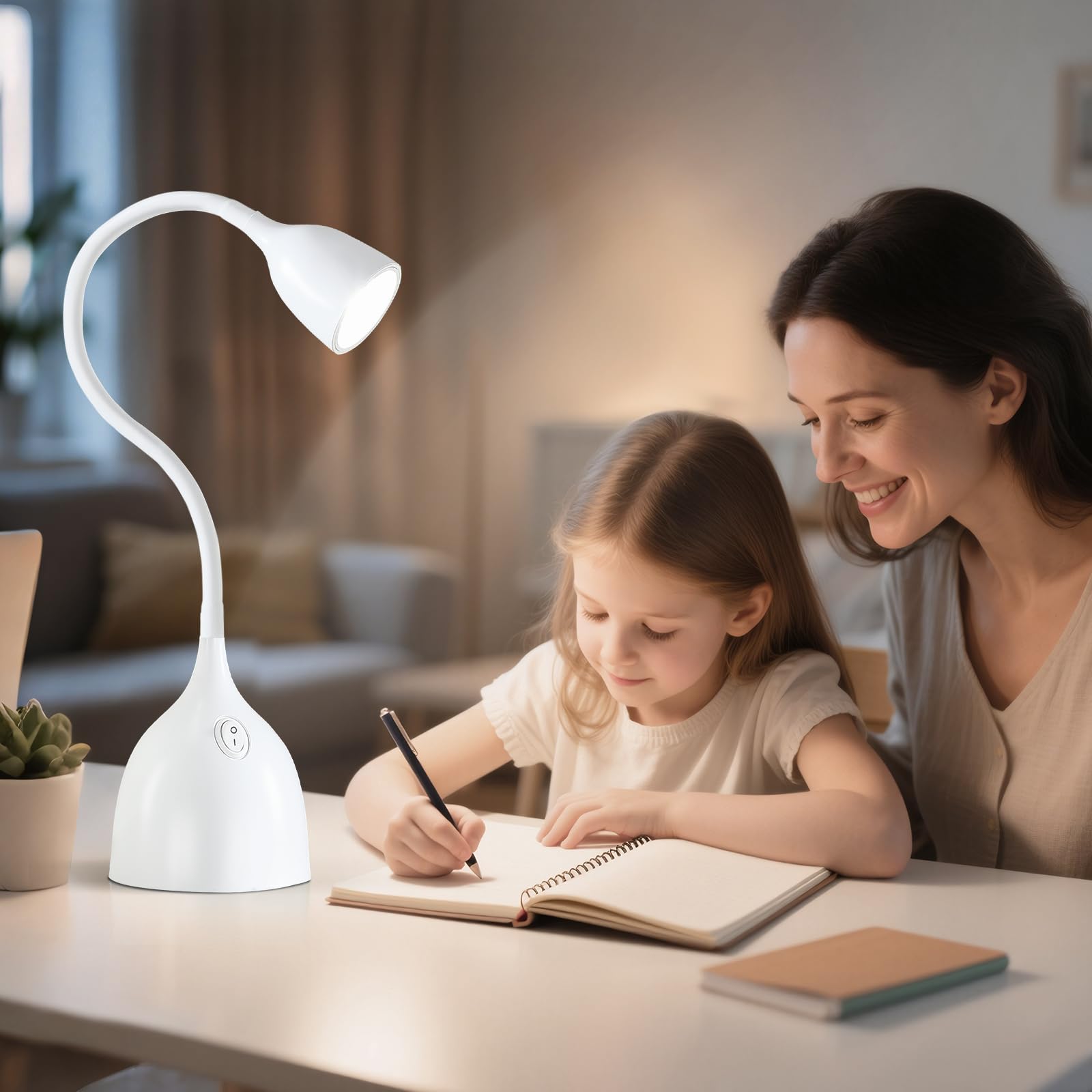 GyroVu Schreibtischlampe Weiß, LED Tischlampe, Klein Einstellbar Flexibler Gänsehals Leselampe, Non-flickering 5000K Schreibtischleuchte Augenschutz für Studentenwohnheim, Büro, Haus