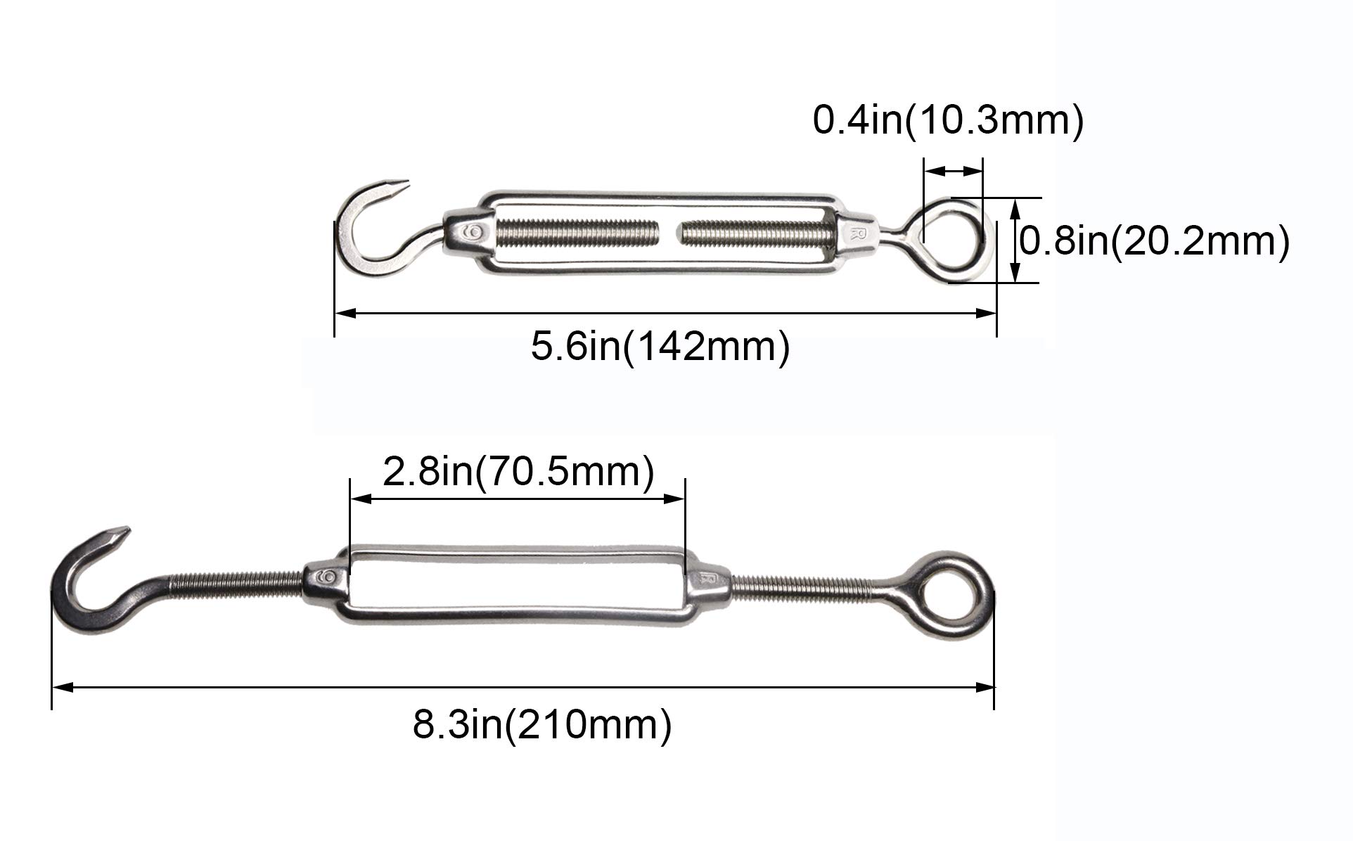 M4/M5/M6 Turnbuckle 304 Stainless Steel Hook & Eye Turnbuckle Light Duty Wire Rope Tension (M4