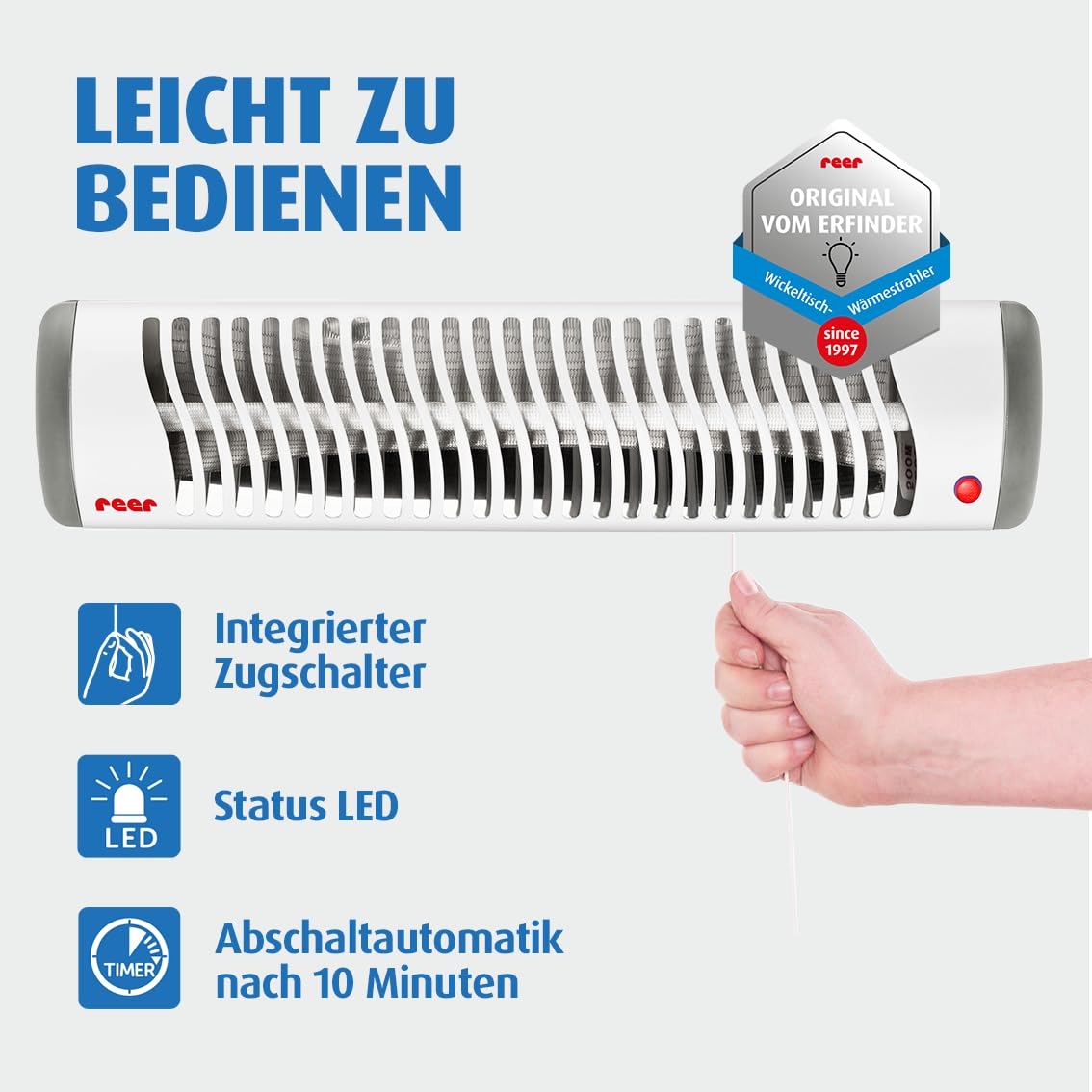 reer EasyHeat Wickeltisch-Wärmestrahler | Wand-Heizstrahler für den Wickeltisch | Wärmelampe fürs Baby | Baby Erstausstattung | 230V/500W | Weiß