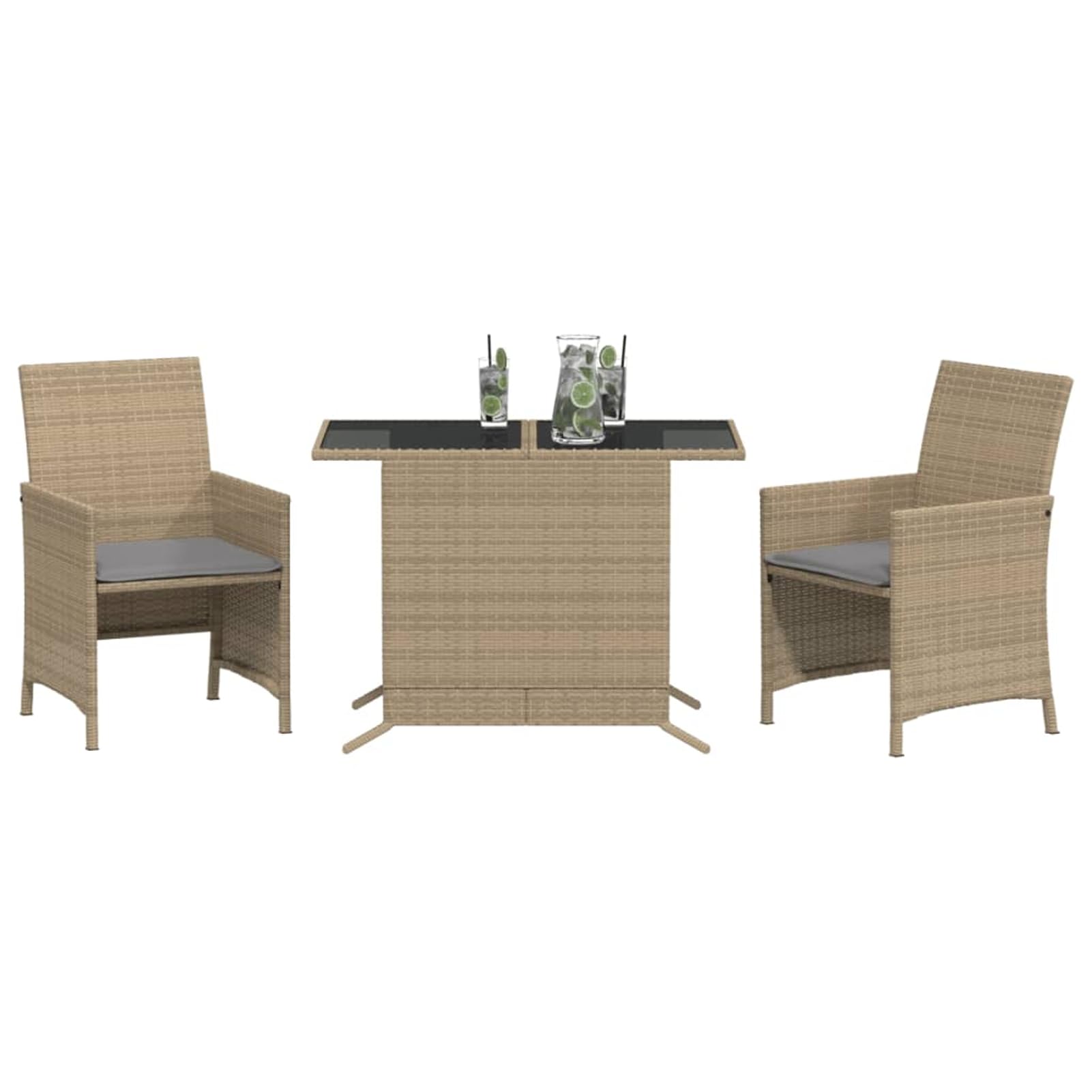 Homgoday Set de bistro 3 pièces avec coussins beige mixte en polyrotin, table et chaises de jardin extérieur, ensemble de meubles de jardin, salle à manger de jardin